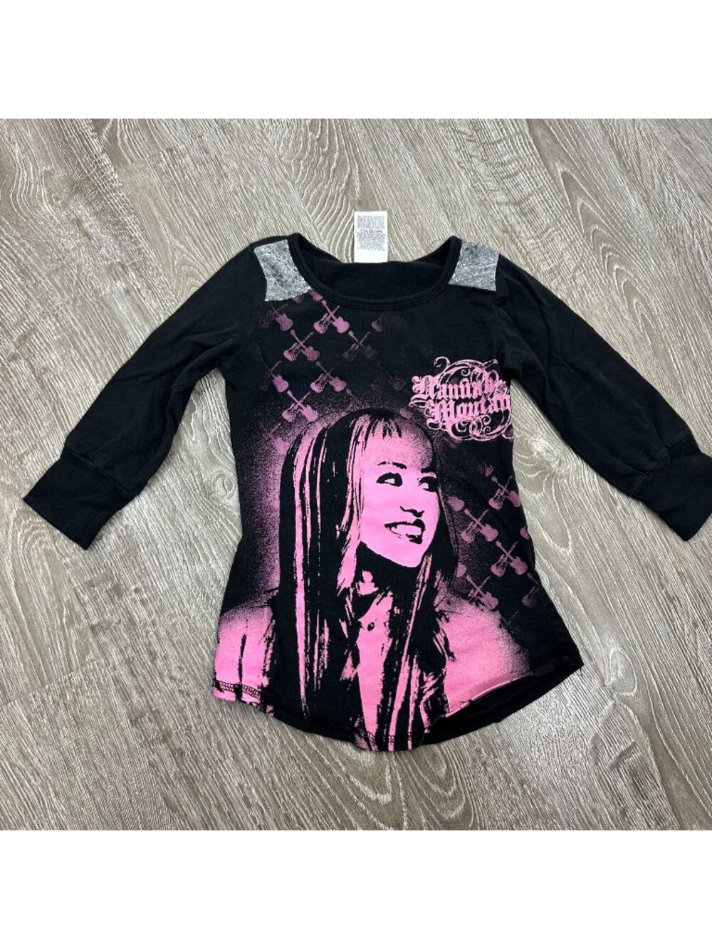 Disney X Hannah Montana Girls Black & Pink Graphic Tee M 7/8 Long Sleeve